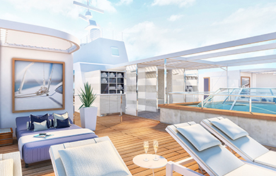 Helle Farben und klare Linien zeichnen das neue Sonnendeck auf der Mein Schiff 4 aus